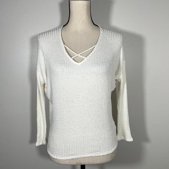 Jolie Ivory Cream V Neck Cut Out Waffle Knit Long Sleeve Pullover Sweater S - Picture 2 of 11